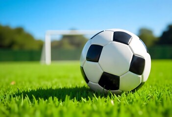 Fototapeta premium Generative AI Soccer Ball on Green Field Under Clear Sky