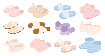 Cute slippers set vector illustration. Cartoon pair of home shoes, warm clothing for male and female feet, funny fluffy or rubber footwear collection isolated on white. Household, garment concept