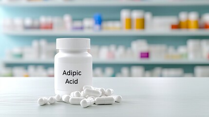 A close-up of a white bottle labeled 'Adipic Acid' with scattered capsules on a clean surface, suggesting a pharmaceutical setting.