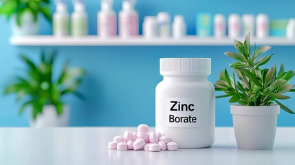 A white container labeled 'Zinc Borate' with pink pills beside it and a plant in a pot, creating a fresh and clean atmosphere.