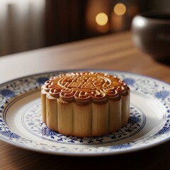 Traditional Mooncake on Plate Mid Autumn Festival