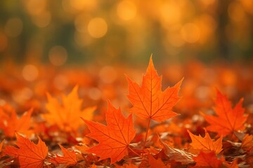 Obraz premium Autumn maple leaves carpet with artistic bokeh background and warm seasonal colors