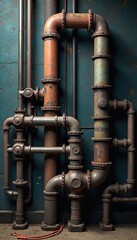 Intricate Network of Industrial Metal Pipes Against Textured Wall A High-Resolution Steampunk Background Image Perfect for Retro and Factory Themed Designs