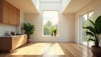 Sunlit Interior Space Warm Natural Light Streaming Through a Large Skylight, Perfect for Home Improvement, Architecture, and Interior Design Projects