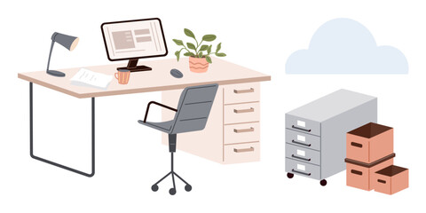 Home office setup with a desk, chair, computer, desk lamp, plant, filing cabinet, and storage boxes. Ideal for productivity, organization office work business remote work modern design simple