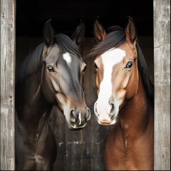 Obraz premium Horses posing together in rustic stable setting