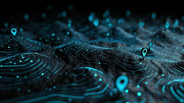 Aerial view of topographic map with glowing blue location markers scattered