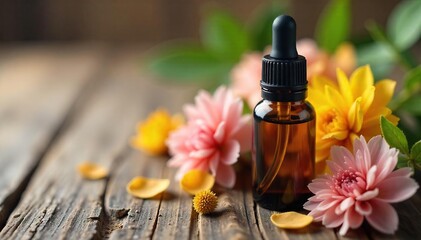 Calming Essential Oil Close-up of aromatherapy bottle with dropper, surrounded by dried flowers and leaves on rustic wood. Perfect for wellness, spa, and natural beauty concepts.