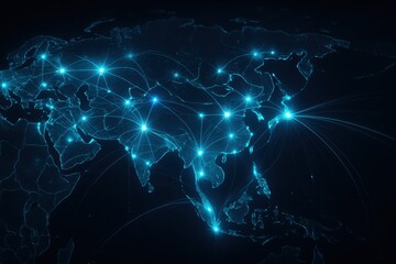 Digital network map of Asia with glowing connection nodes and fiber optic pathways in futuristic blue theme