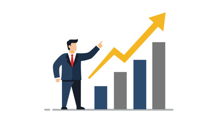 Businessman pointing at bar chart with rising arrow for growth concept