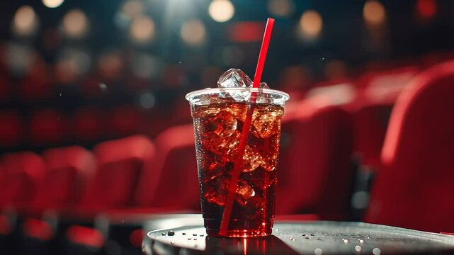 Iced drink with straw in a plastic cup on a table at the movie theater seats