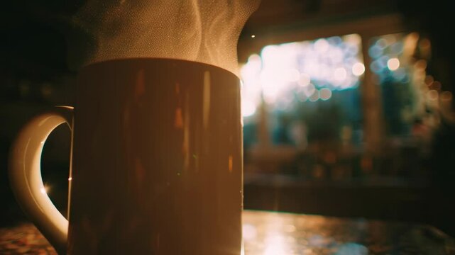 Steam rises from hot mug on table. Warm sunlight glows through kitchen window.
