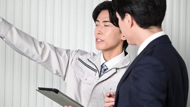 ゼネコンなどの現場で資料を確認する施工管理の作業服とスーツの男性　真剣に打ち合わせで確認する動画