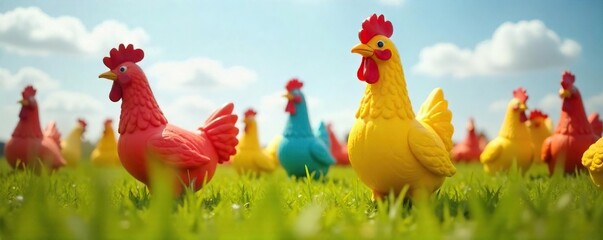 Whimsical Giant Rubber Chickens Bounce in a Breezy Field Surreal, Humorous Stock Photo