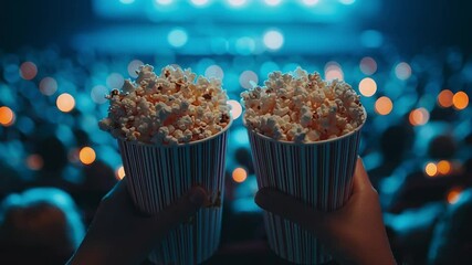 Two popcorn buckets held up at a movie theater with blurred background lights
