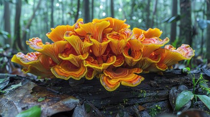 Vibrant Cluster of Orange Mushrooms in Lush Forest