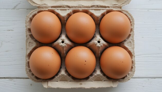 Four Brown Eggs in Eco-Friendly Pulp Carton on White Wooden Surface