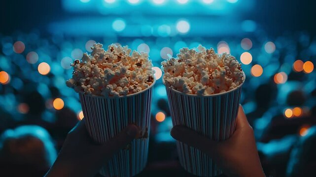 Two popcorn buckets held up at a movie theater with blurred background lights