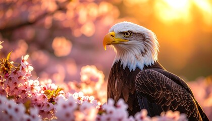 Eagle Portrait Among Spring Cherry Blossoms with Golden Sunlight