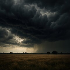 Dramatic storm clouds over golden field at dusk