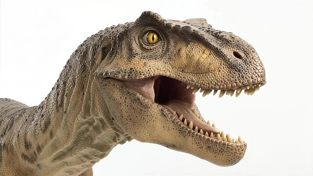 Close up of a dinosaur with its mouth open revealing sharp teeth on a white background