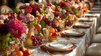 Long table laden with colorful flowers, fruits and ornate tableware on patterned linen