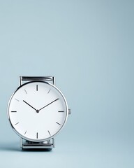 Sleek silver wristwatch against a light blue backdrop.