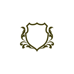 Classic shield outline vector logo with graved element
