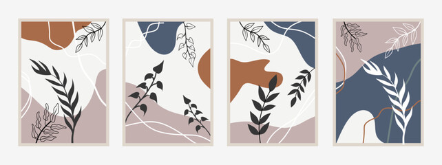 Botanical wall art vector set. Foliage line art drawing with abstract shape. Abstract Plant Art design for print, cover, wallpaper, Minimal and natural wall art. Vector illustration.