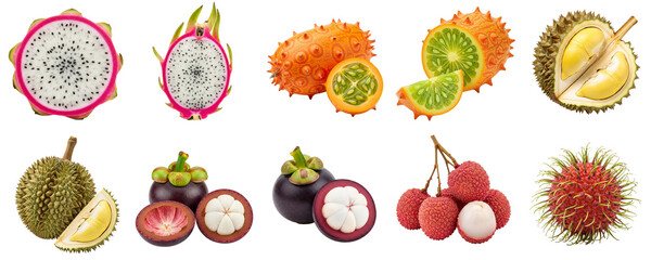 Assorted tropical fruits including durian, dragon fruit, and lychee  