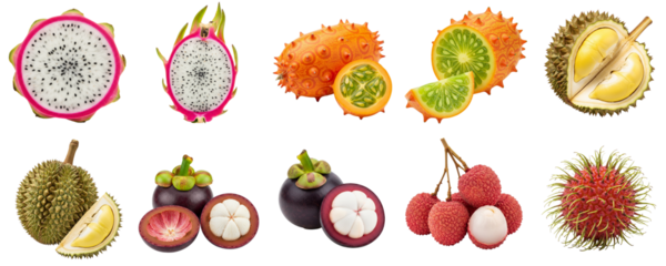 Assorted tropical fruits including durian, dragon fruit, and lychee  