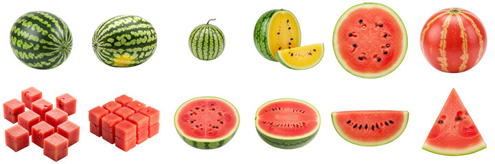 Various types of watermelons and watermelon pieces on white background  