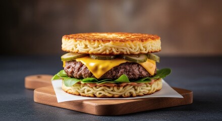 Ramen noodle burger recipe gourmet food photography delicious meal tasty lunch dinner creative cuisine
