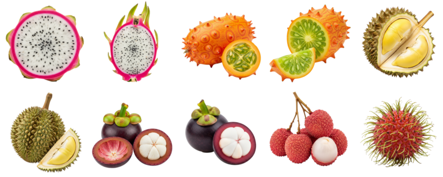Assorted tropical fruits including durian, dragon fruit, and lychee  
