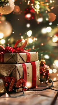 A festive scene captures the warmth of the season with elegantly wrapped gifts resting on a wooden surface, twinkling lights, and shimmering ornaments, perfect for creating joyful memories.