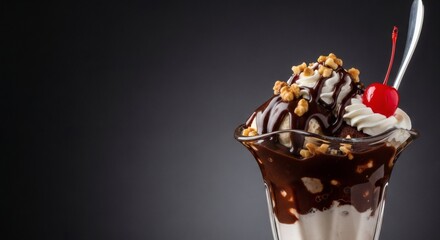 Delicious sundae ice cream dessert with chocolate sauce nuts and cherry for sweet tooth craving