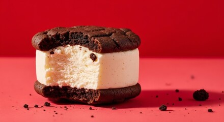 Delicious ice cream sandwich with chocolate cookies on red background dessert food photography style