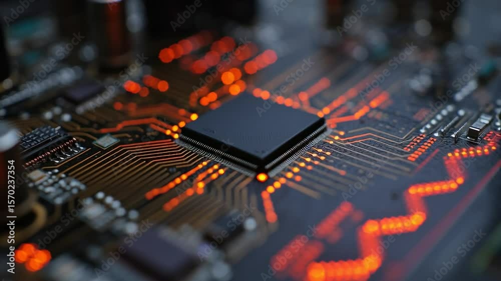Poster close up view of a microchip with orange glowing traces on a circuit board