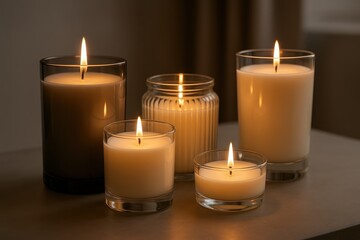Luxury scented candles in elegant glass holders creating sophisticated ambient lighting atmosphere