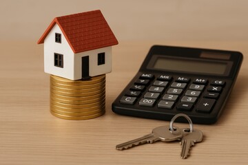 Miniature house model sitting atop stack of gold coins with savings calculator and house keys