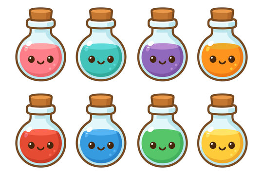 Cute potion bottles vector illustration for fantasy and gaming themes in flat style