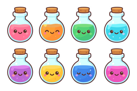 Cute potion bottles vector illustration for kids' projects in kawaii style