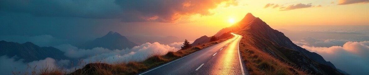 Winding Road to Success A Sunlit Peak Symbolizing Career Progression and the Achievement of Professional Goals.  The challenging yet rewarding journey towards ambition and fulfillment.
