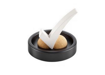 White check mark symbol resting on a textured sphere inside a black circular base isolated on transparent background