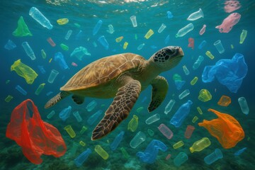 Fototapeta premium Ocean conservation awareness showing sea turtle swimming through field of colorful plastic debris underwater