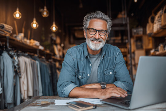 Mature Man Smiling While Running Online Retail Store
