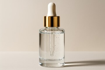 Naklejka premium Premium transparent serum bottle with golden dropper cap showcasing luxury skincare product elegance