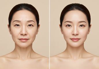 Collage of beautiful Asian woman before and after anti-aging procedure. Cosmetic procedure, therapy or surgery result. Aged female with wrinkles transformed. Before and after concept