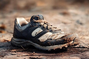 
Tênis de corrida desgastado, surrado e sujo de de tanto ser usado. Sujo de barro, fundo desfocado, tênis destruído.


