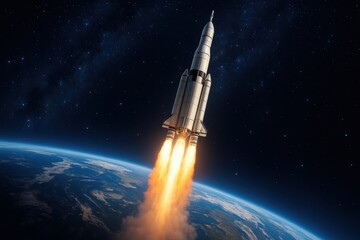 Space exploration rocket launching into starry cosmos with Earth visible below representing innovation and discovery
